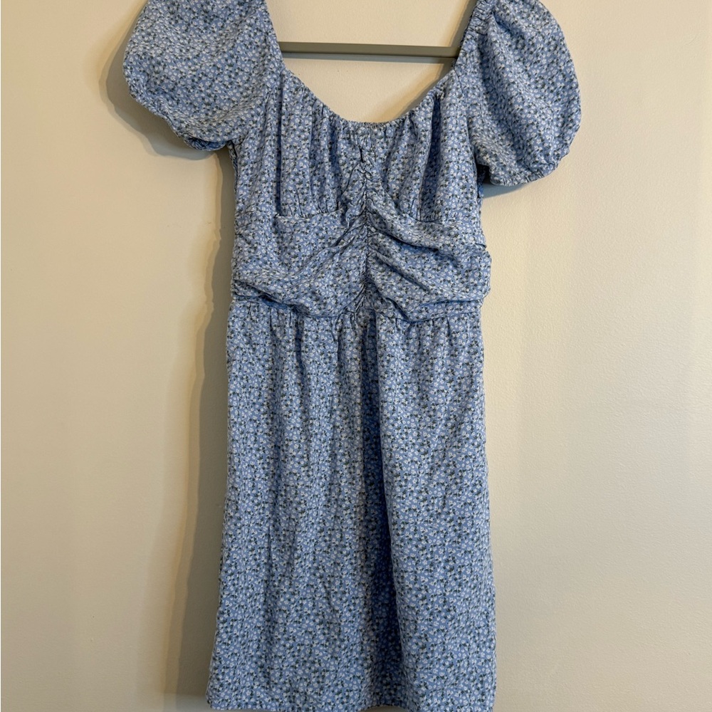 Teen Hollister Blue Floral Mini Dress with Puff Sleeves